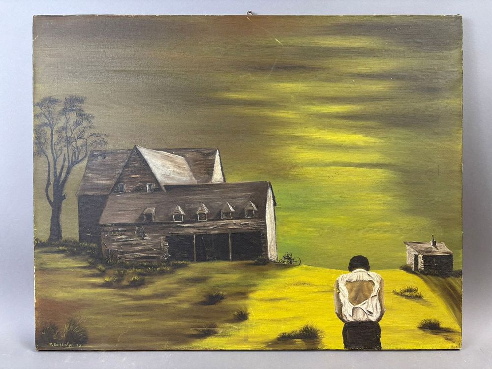Lot 349: F. Delcolle Surrealist Farm Slavery Bondage Farm Scene Oil Painting 1953