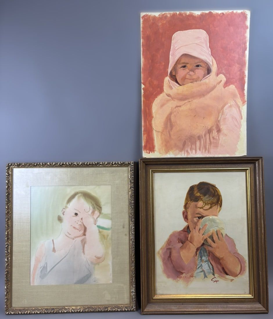 Lot 352: Three Henry Schafer Child Portraits Sally 1951 Watercolor Gouache Paintings