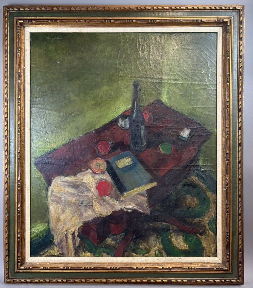 Lot 361: Henry Schafer Still Life Oil Painting Bottle Book Apples Mid Century Modern