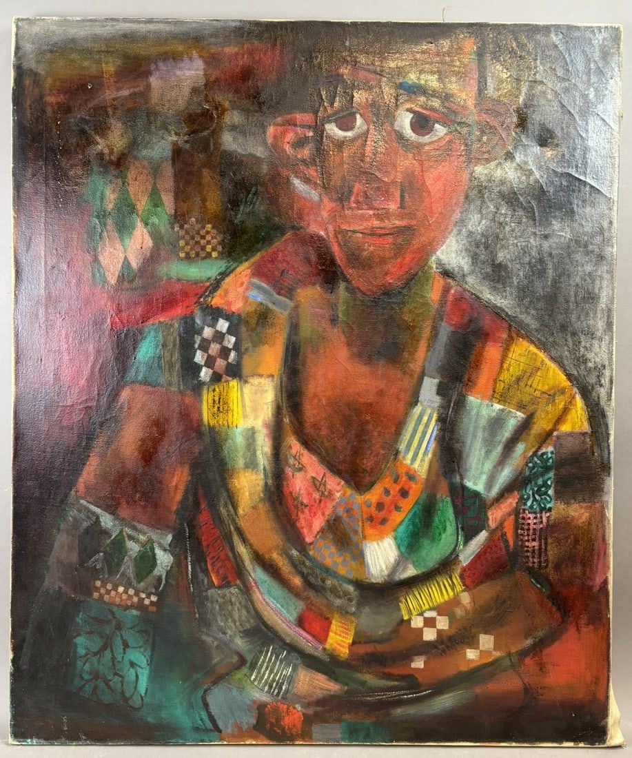 Lot 363: Betty Hedlund Modernist Portrait Oil Painting Cubist Style Mid Century