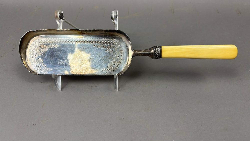 Lot 125: Antique Silver Plate Crumb Tray Ivory Handle Sheffield Reg 293163 Mid 19th Century