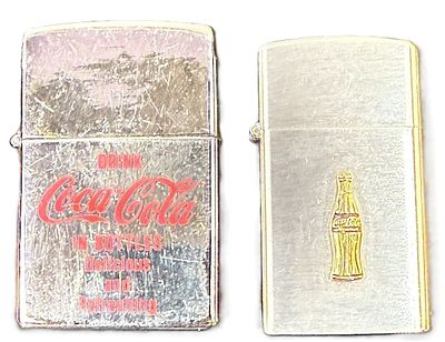 Pair Vtg 50s Coca-Cola Lighters Sunflower & Barlow Windproof. Pair of vintage Coca-Cola-themed 