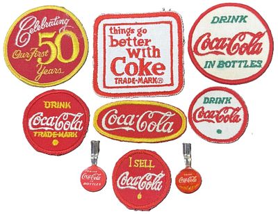 Lot 9 Original Coca Cola Sew On Patches & Pencil Advertising Toppers. Collection of Coca-Cola 