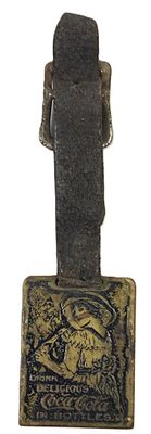 Drink Delicious Coca Cola In Bottles Original 1900s Brass Leather Key Fob. Vintage Coca-Cola 