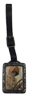 1911 Drink Coca Cola Duster Girl Celluloid & Leather Watch Fob 5 Cent Bottles. Vintage Coca-Cola 