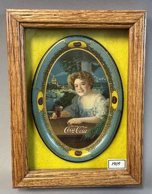 Framed 1909 Coca-Cola Oval Tin Tip Tray Hilda Clark Advertising. Original 1909 Coca-Cola oval 