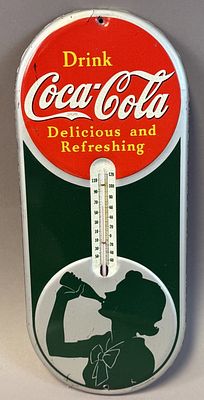 1939 Drink Coca Cola Delcious & Refreshing Tin Embossed Thermometer by Robertson. Vintage 