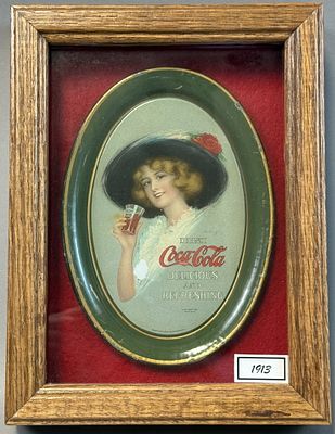 Framed 1913 Coca Cola Delicious & Refreshing Tip Tray by Passaic Metal Ware. Framed 1913 