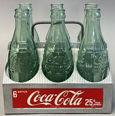 6 Pack 1950s Coca Cola Aluminum Carrier w/ Bottles 25 Cent. Vintage Coca-Cola six-pack carrier 