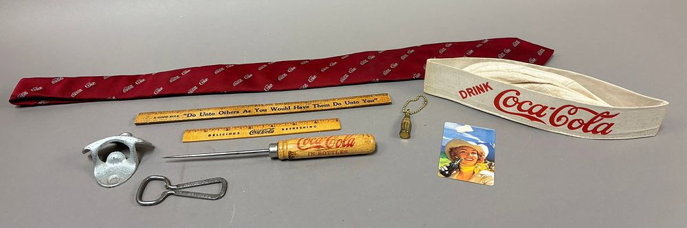Lot 151: Lot 9 Vintage Coca Cola Advertising Items Tie Soda Jerk Hat Bottle Opener & More