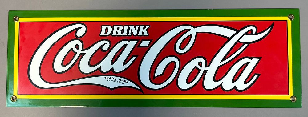 Lot 154: Coca-Cola Porcelain Sign Red White Script Logo Green Yellow Border