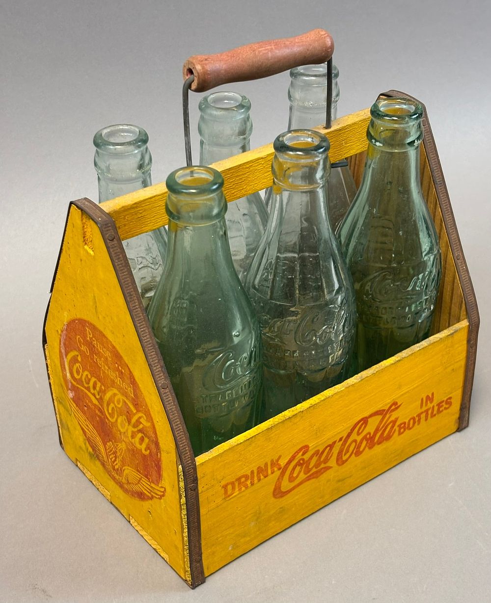 Lot 155: Coca-Cola Wooden 6 Bottle Carrier Crate w Embossed Glass Bottles Set
