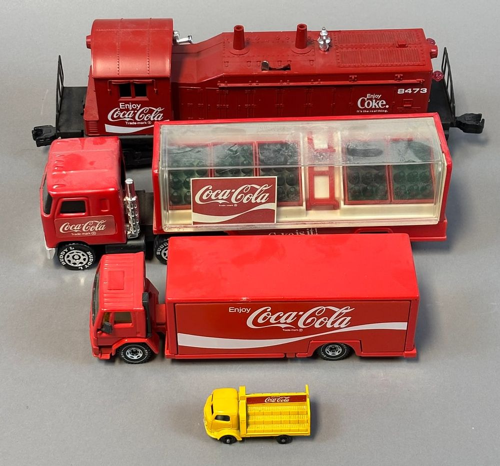 Lot 157: Lot 4 Coca-Cola Toy Train Caboose Semi Trucks Diecast Delivery Set