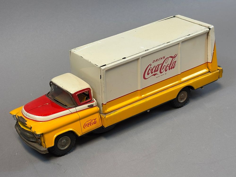 Lot 158: Coca-Cola Tin Litho Delivery Truck Yellow White Pressed Steel Toy