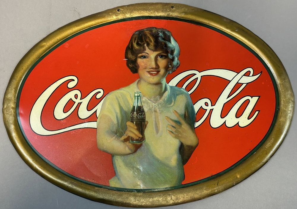 Lot 167B: Rare Antique Coca Cola Self Framed Tin Litho Girl Holding Bottle Advertising Sign