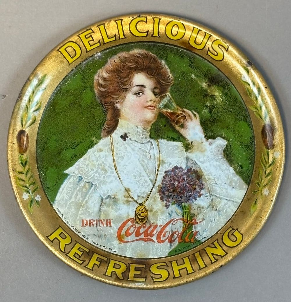 Lot 175: Antique 1906 Coca Cola Tin Litho Tip Tray w/ Juanita by Wolf & Co