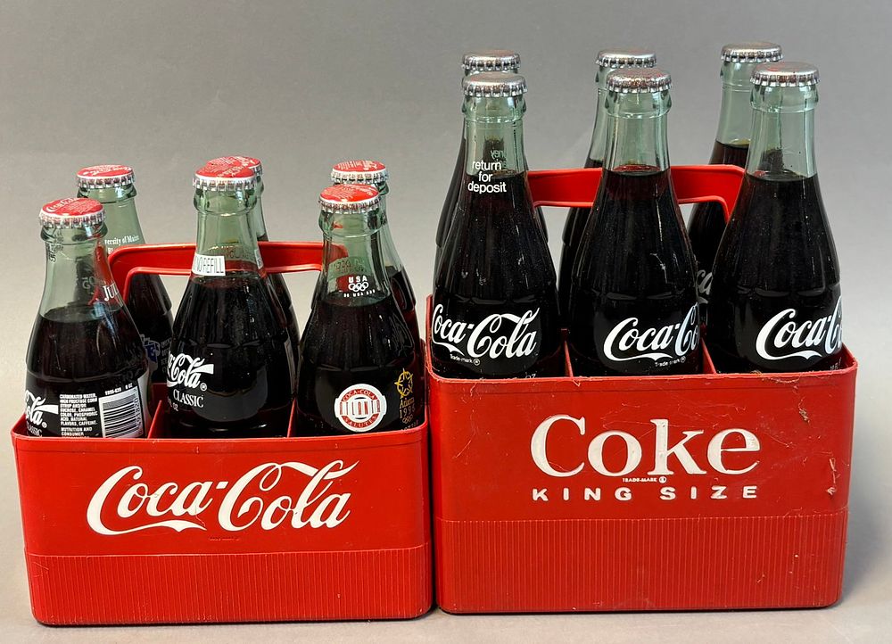 Lot 184: Pair Plastic Coke King Size & Standard 6 Pack Carriers FULL Bottles