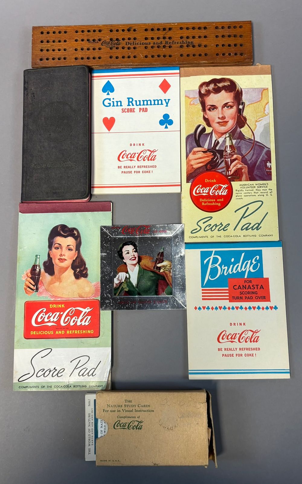 Lot 196: Lot 8 Original 50s Coca Cola Advertising Items Gin Rummy Score Pad Cards