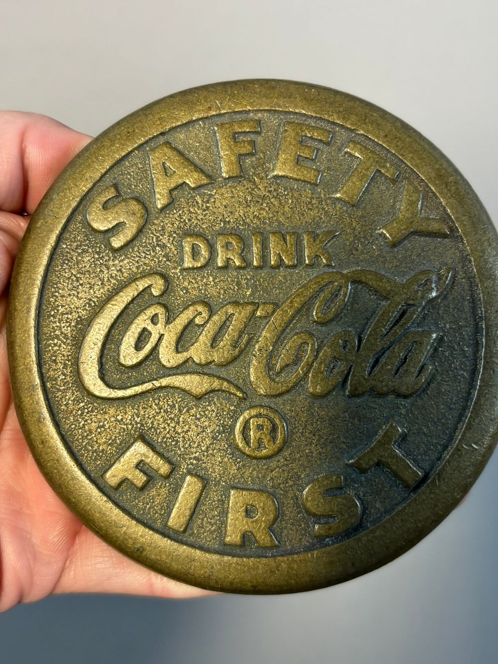 Lot 200: Antique Drink Coca Cola Safety First 4" Brass Sidewalk Markers