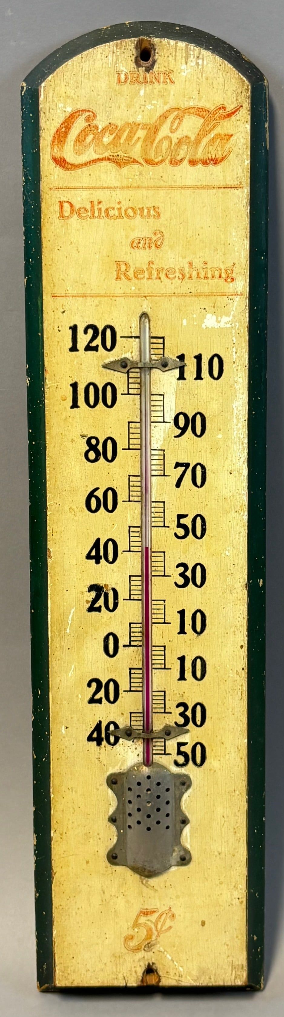 Lot 204: Rare Ca. 1905 Antique Original COCA COLA Delicious & Refreshing Wood Thermometer