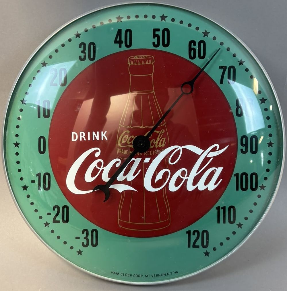 Lot 211: 1948 Drink Coca Cola Original Pam Clock Glass Face 12" Thermometer Sign