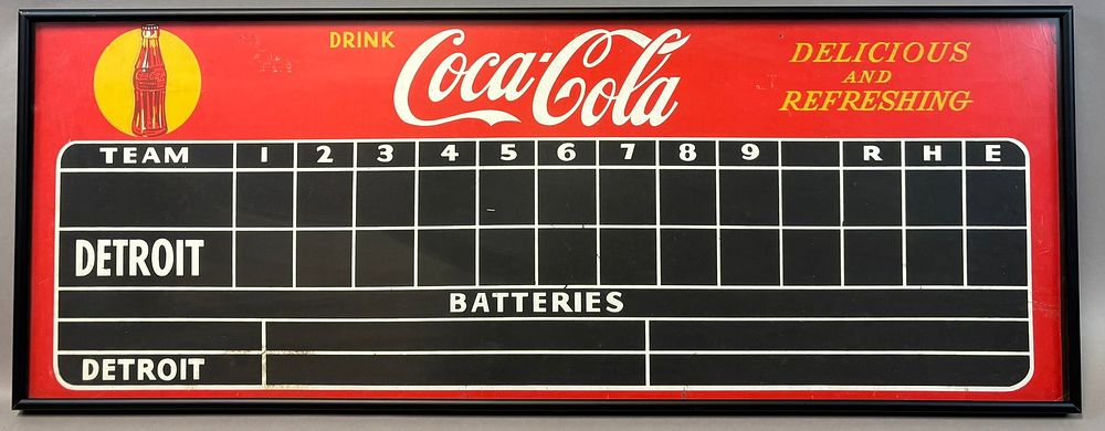 Lot 220: Coca Cola Cardboard Detroit Tigers Hot Dog Stand Advertising Sign Ca. 1930s