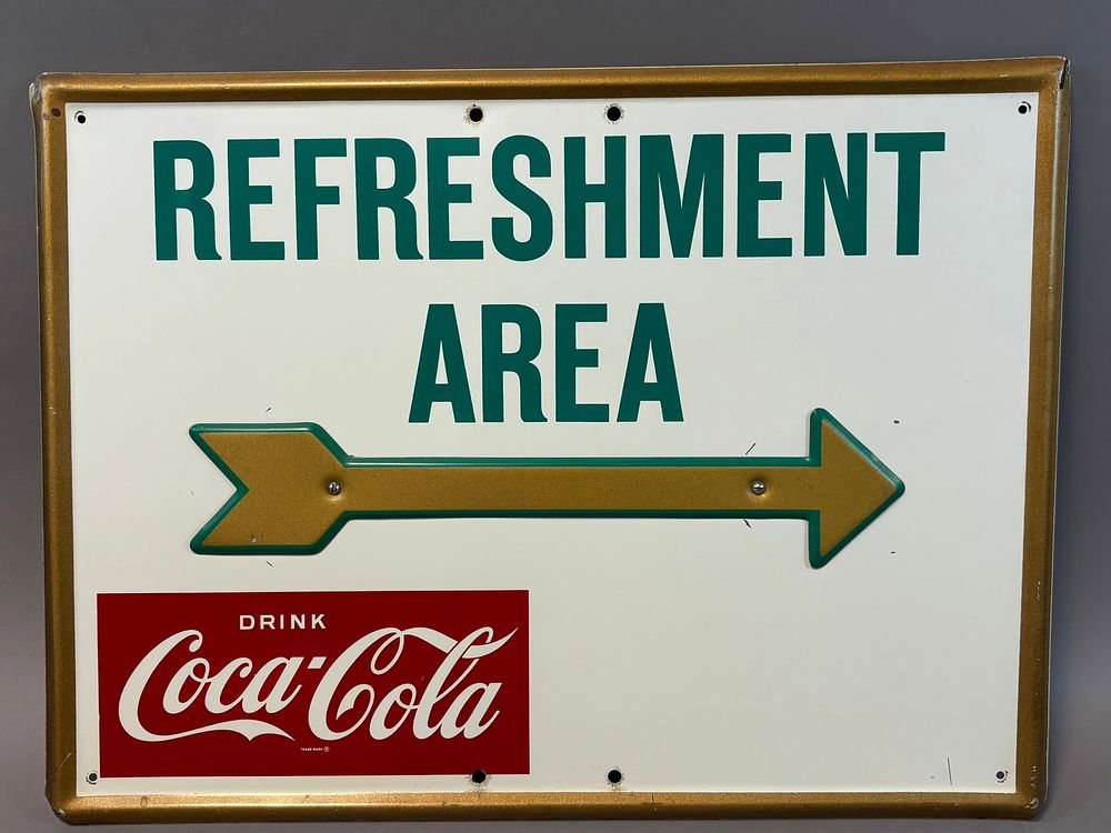 Lot 224: 1950s Drink Coca Cola Refreshment Area w/ Gold Arrow Advertising 24x18 Sign