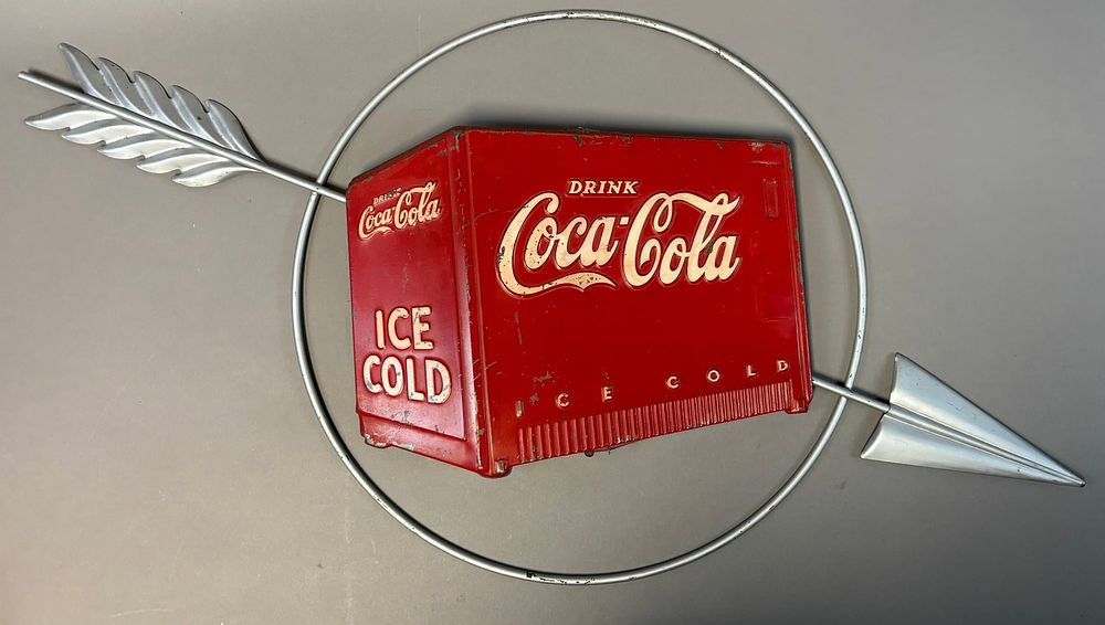 Lot 225: Coca Cola Original 1940s Ice Cold Cooler Advertising Sign w/ Directional Arrow
