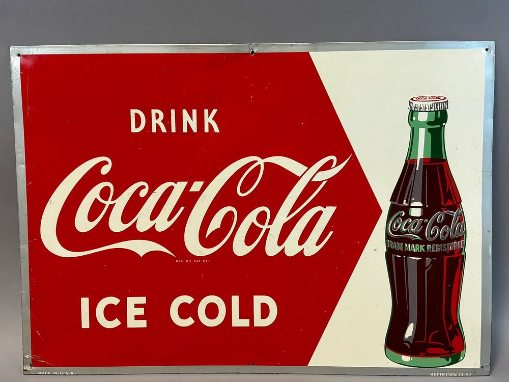 Lot 226: 1952 Drink Coca Cola Ice Cold SST Tin Advertising Arrow Sign 27"x19"
