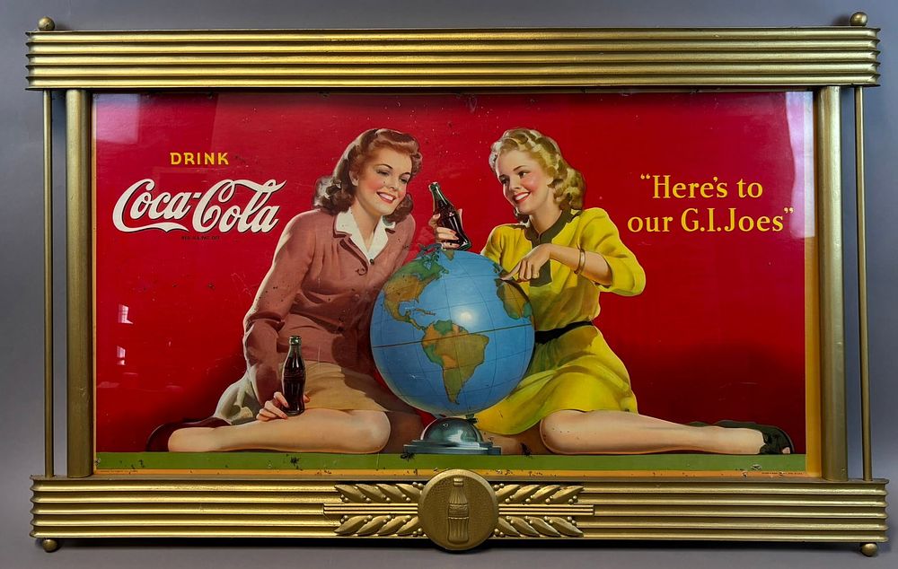 Lot 228: Drink Coca Cola "Here's To Our GI Joes" Cardboard Poster w/ Original Kay Frame