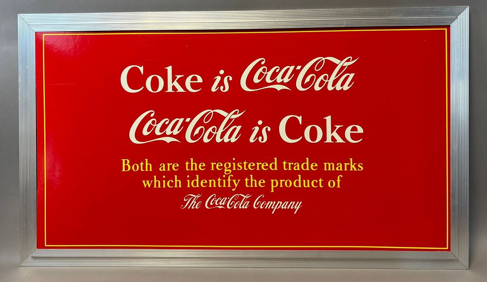 Lot 231: Coke Is Coca Cola Trade Marks Cardboard Advertising Sign w/ Aluminum Frame