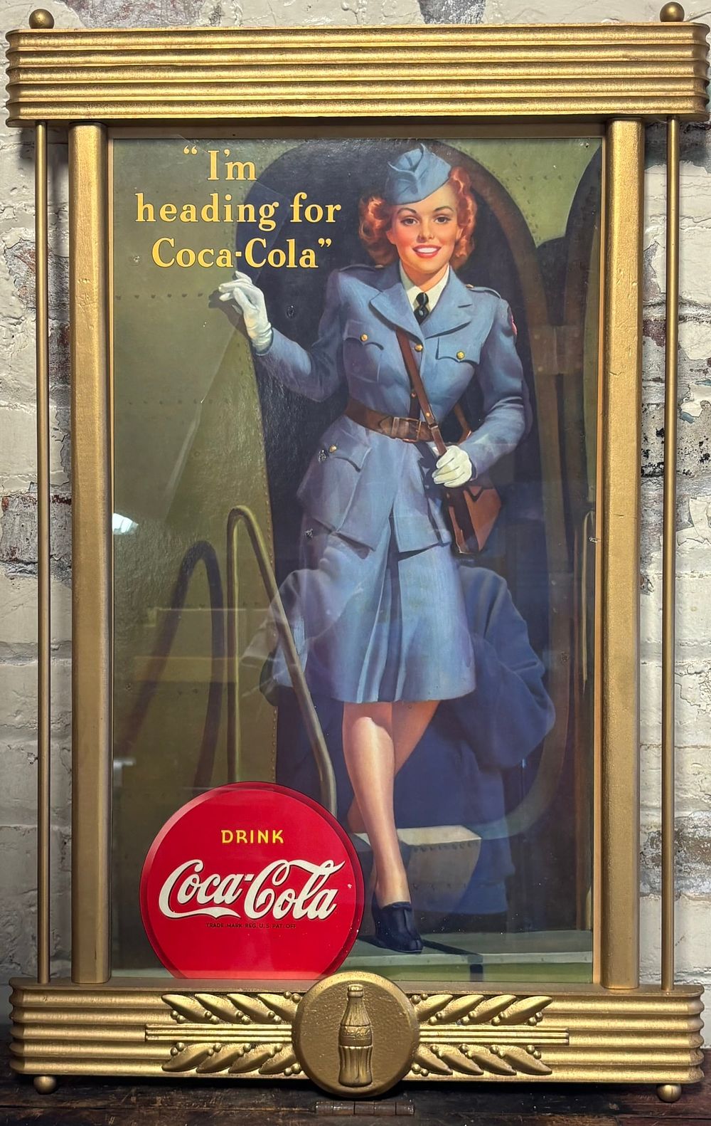 Lot 232: "Im Heading For Coca Cola" Original WW2 Military Woman Sign w/ Kay Frame