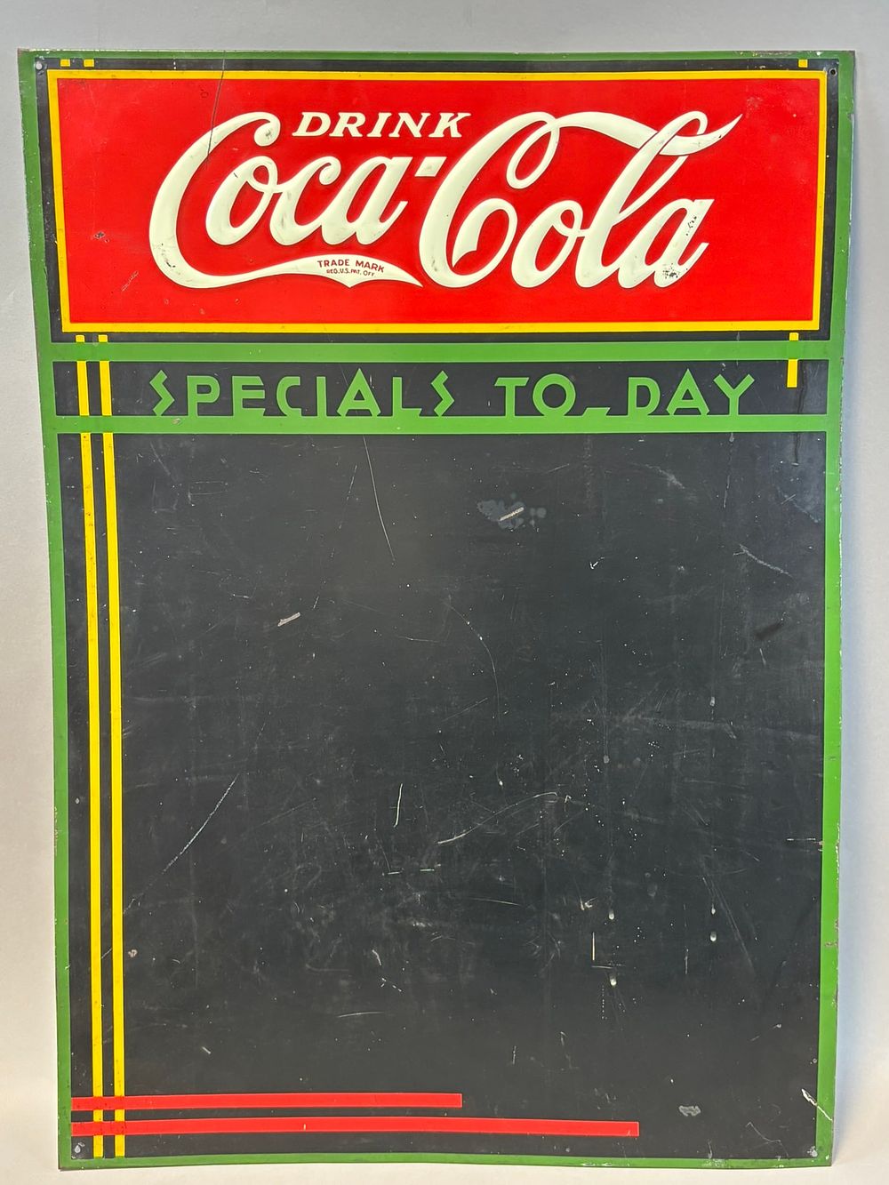 Lot 235: Drink Coca Cola Specials To-Day Original Embossed SST Tin Chalkboard Sign