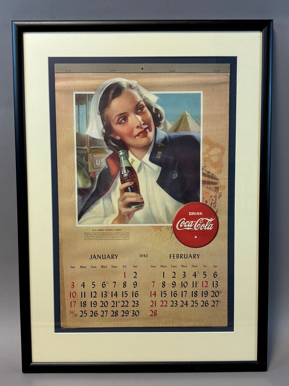 Lot 236: Drink Coca Cola Original 1943 Unused WW2 US Army Nurse Corps Calendar w/ Frame