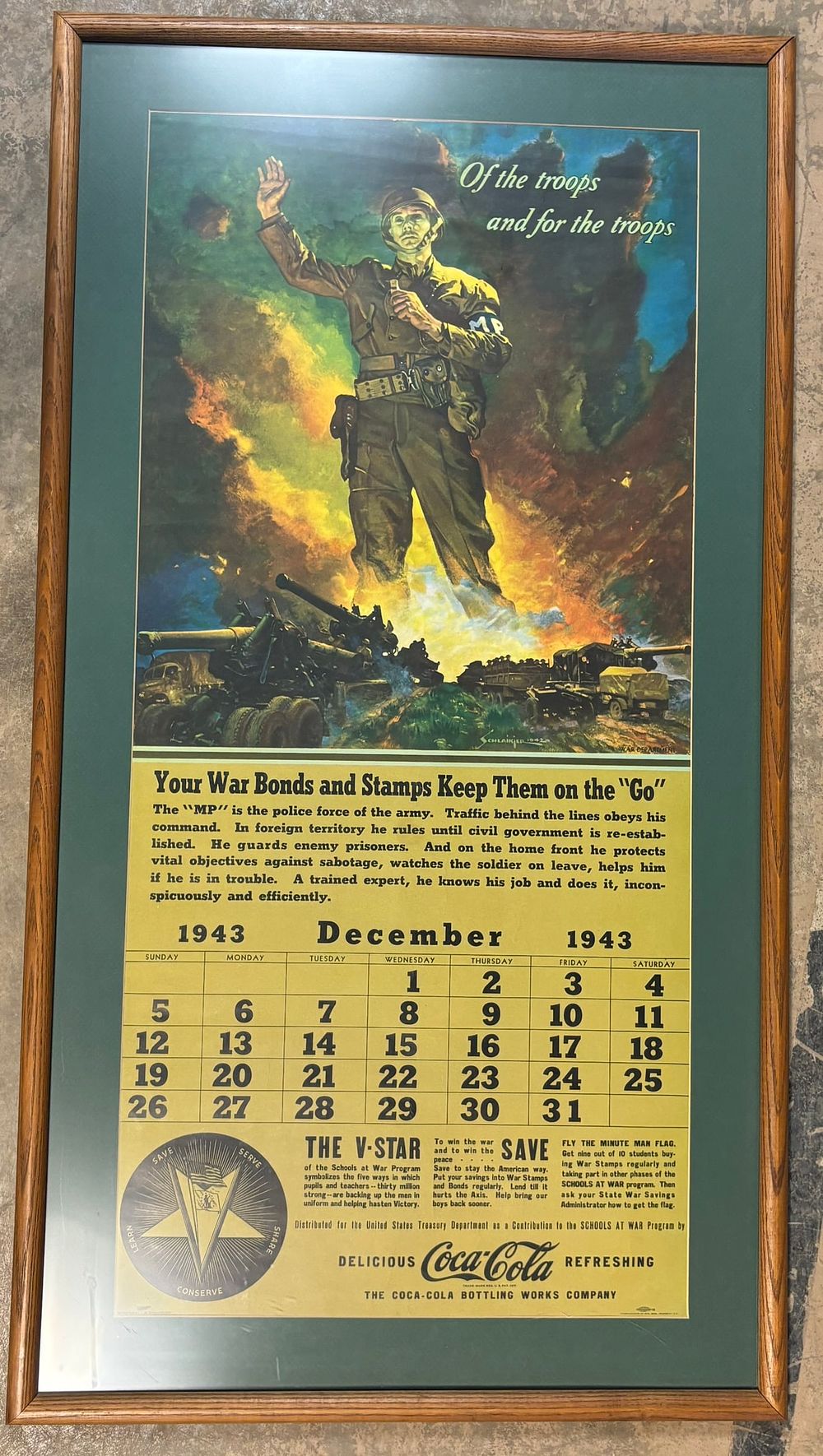 Lot 241: December 1943 War Bonds Coca Cola Framed & Matted Advertising Calendar