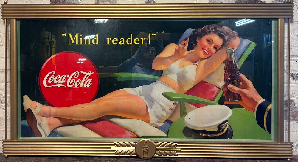 Lot 242: 1944 Coca Cola Mind Reader Original Cardboard Advertising Sign w/ Kay Frame