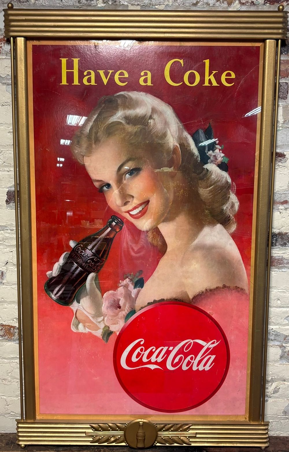 Lot 244: 1940s Coca Cola "Have A Coke" Original Cardboard Advertising Sign w/ Kay Frame