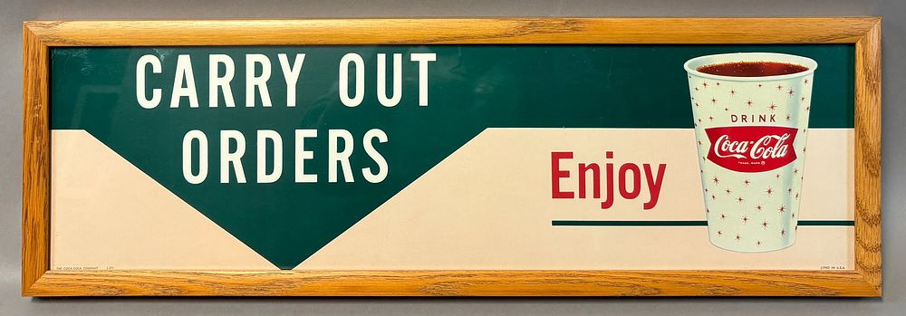 Lot 250: Drink Coca Cola & Enjoy Carry Out Orders Framed Paper Advertising Sign