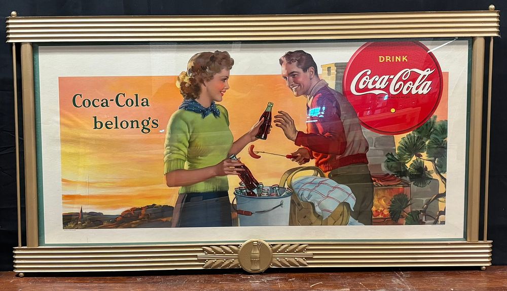 Lot 255: Coca Cola Belong's Original Cardboard Adertising Sign w/ Wooden Kay Frame