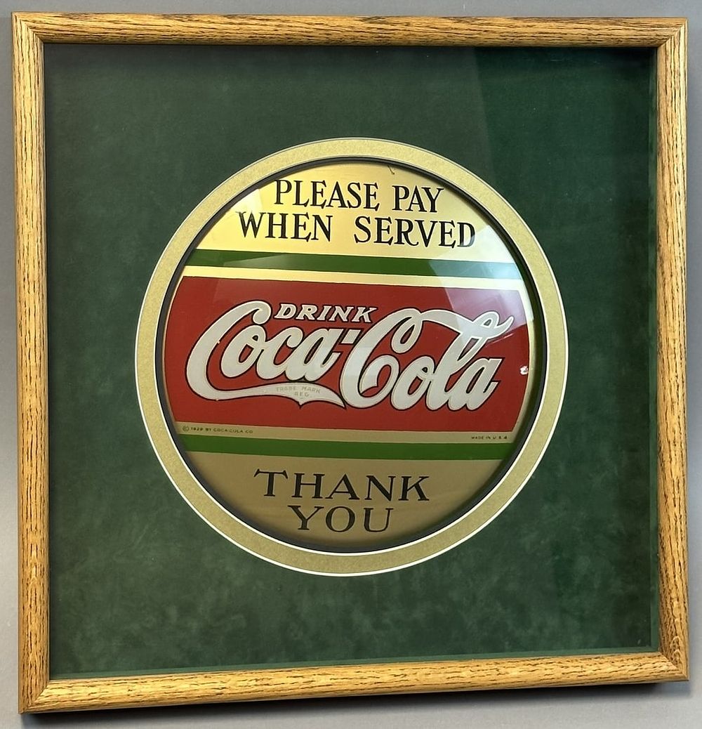 Lot 263: 1929 Drink Coca Cola Please Pay When Served Thank You Reverse Glass Lens RARE