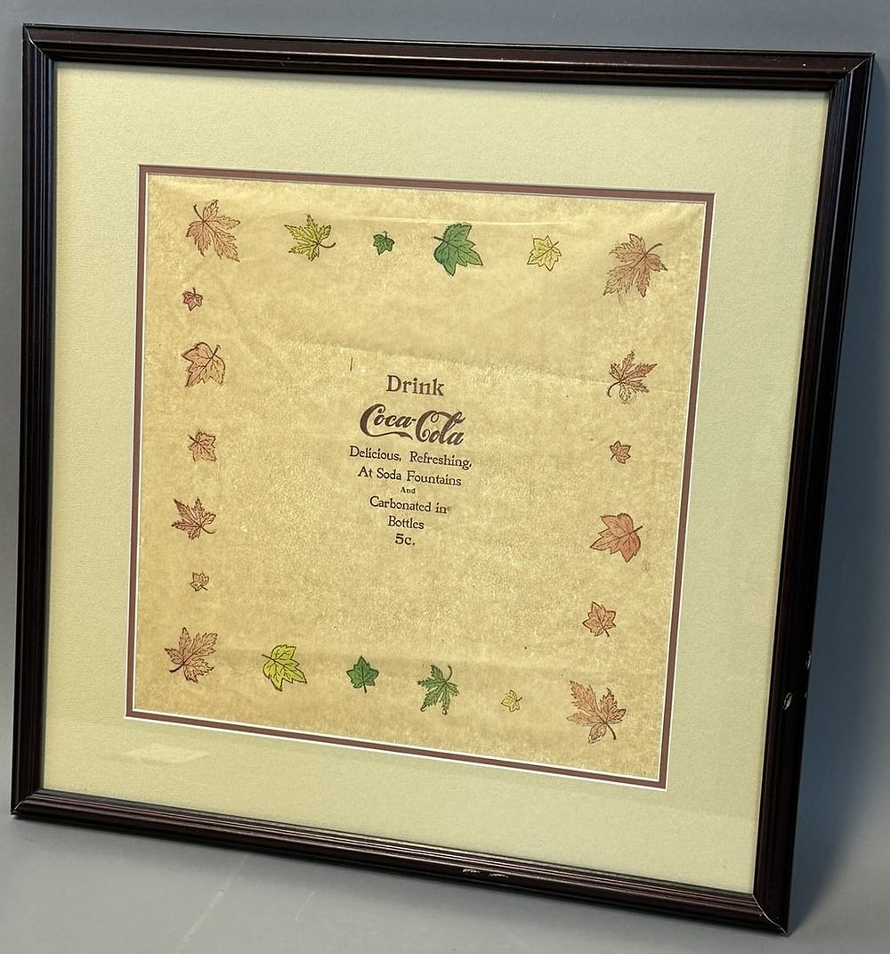 Lot 267: Drink Coca Cola Delicious Refreshing Soda Fountains Framed 5 Cent Leaf Napkin
