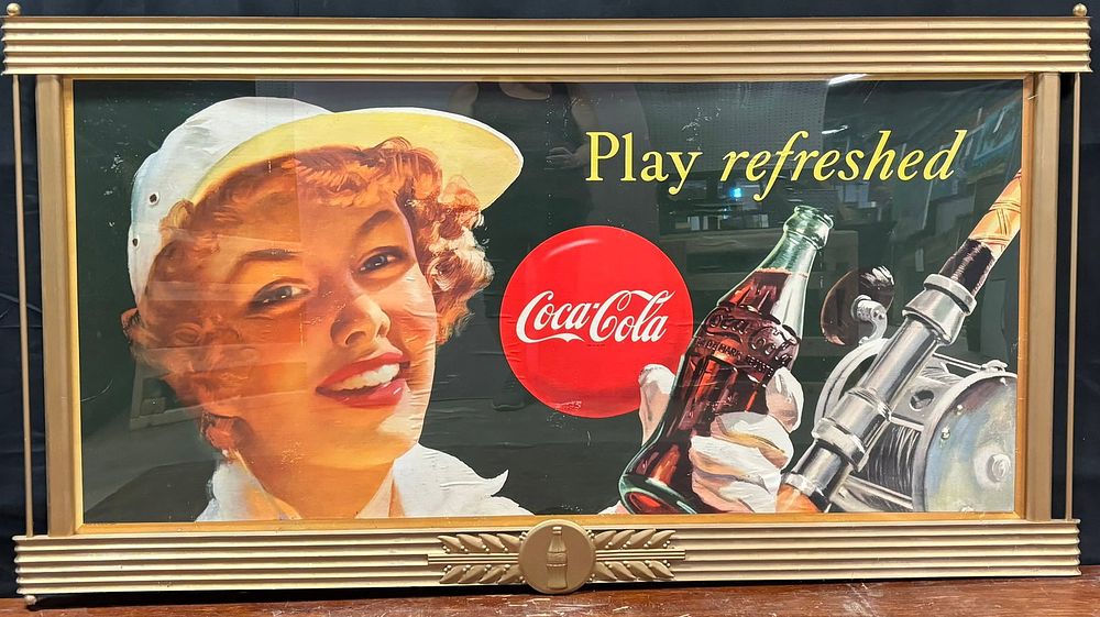 Lot 268: Play Refreshed Original 1940s Cardboard Fishing Advertising Sign w/ Kay Frame