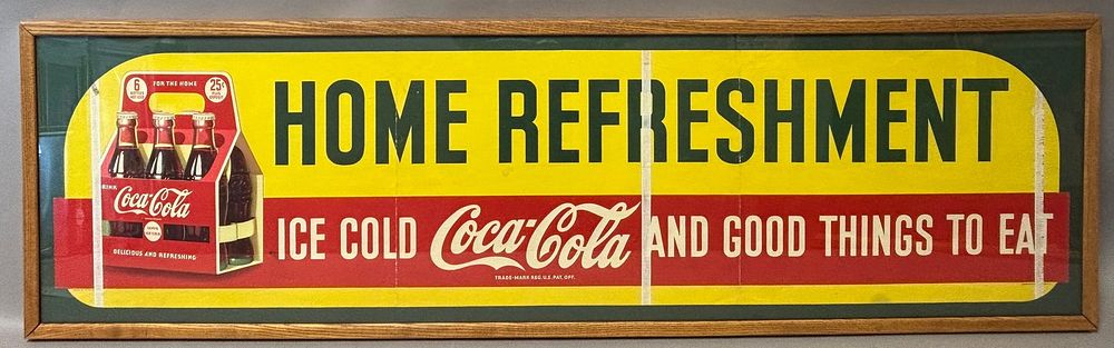Lot 271: Original Home Refreshment Ice Cold Coca Cola Framed Store Window Sign