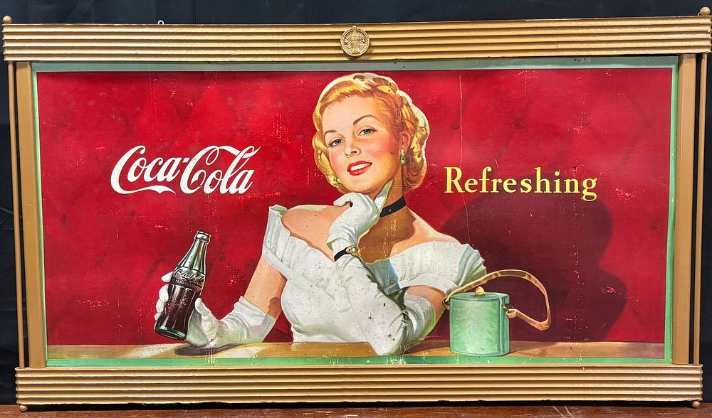 Lot 273: Coca Cola Refreshing Original Cardboard Advertising Sign w/ Wooden Kay Frame
