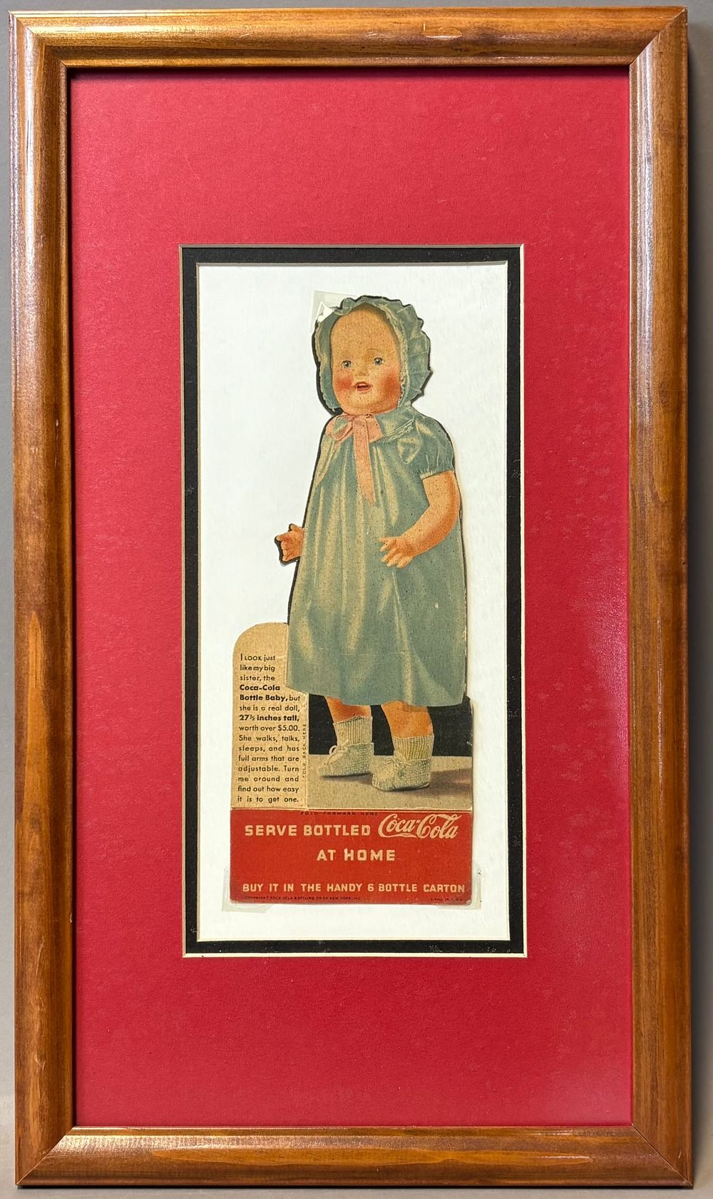 Lot 274: Framed Serve Bottled Coca Cola Original Cardboard Baby Advertising