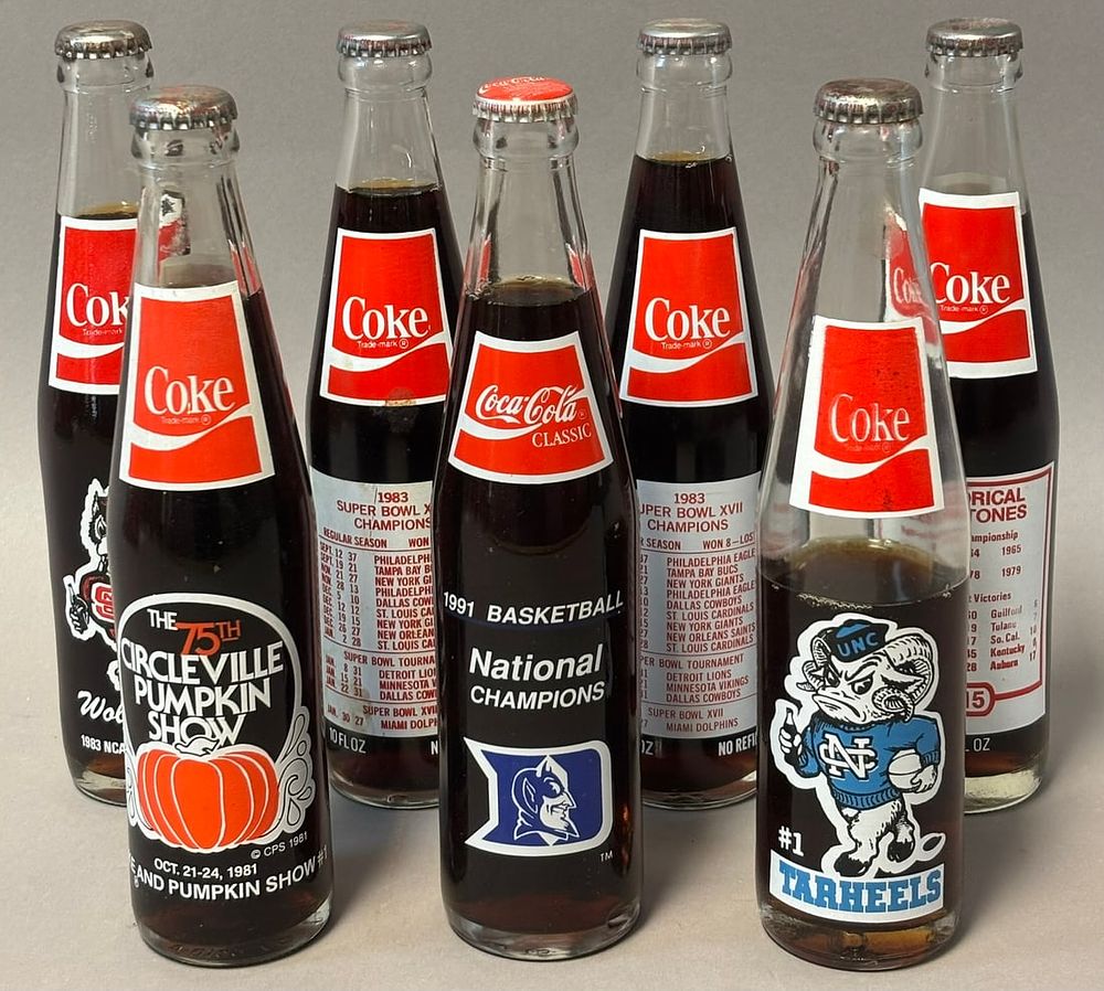 Lot 285: Lot 7 Full Coca Cola Super Bowl NCAA UNC DUKE Champions Bottles