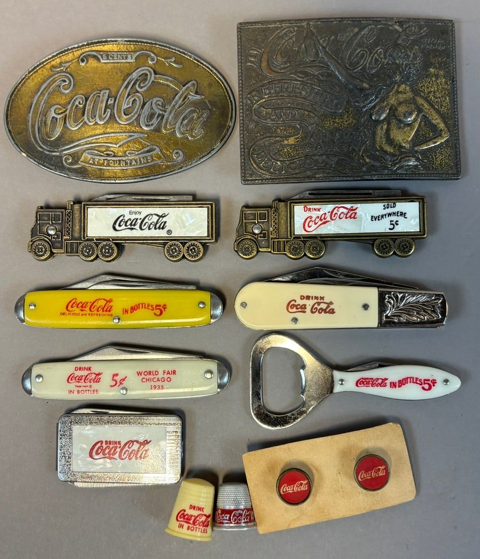 Lot 309: Lot 13 Original Coca Cola Advertising Brass Belt Buckle Knives Thimbles Openers