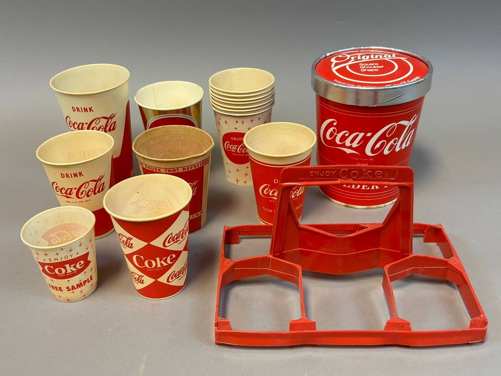 Lot 316: Lot 16 Various Coca Cola Advertising Water Soda Pop Cups & Carrier