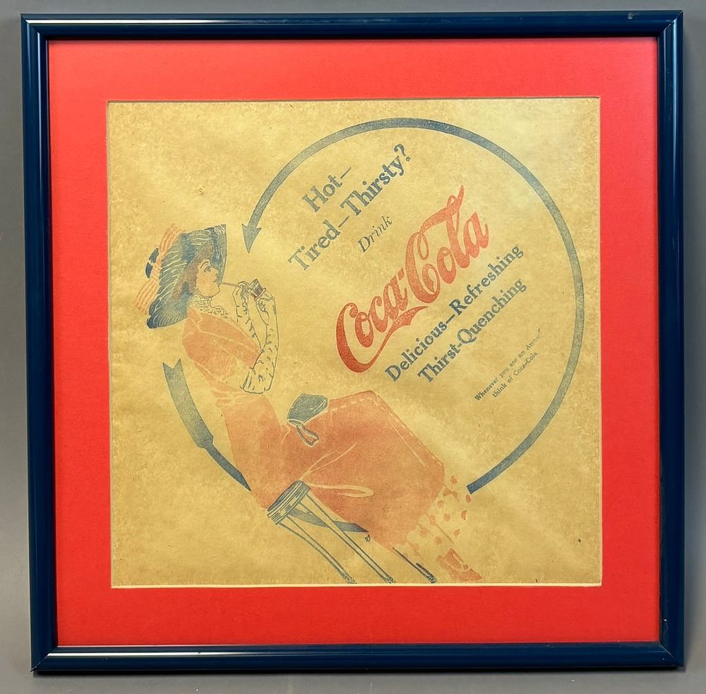 Lot 321: Hot Tired Thirsty Drink Coca Cola Original Framed Paper Advertising Sign