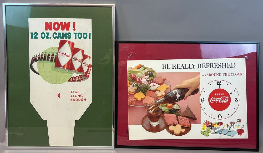 Lot 325: 2 Piece Framed Lot Of Coca Cola Advertising Signs Now 12oz Cans & Refreshed